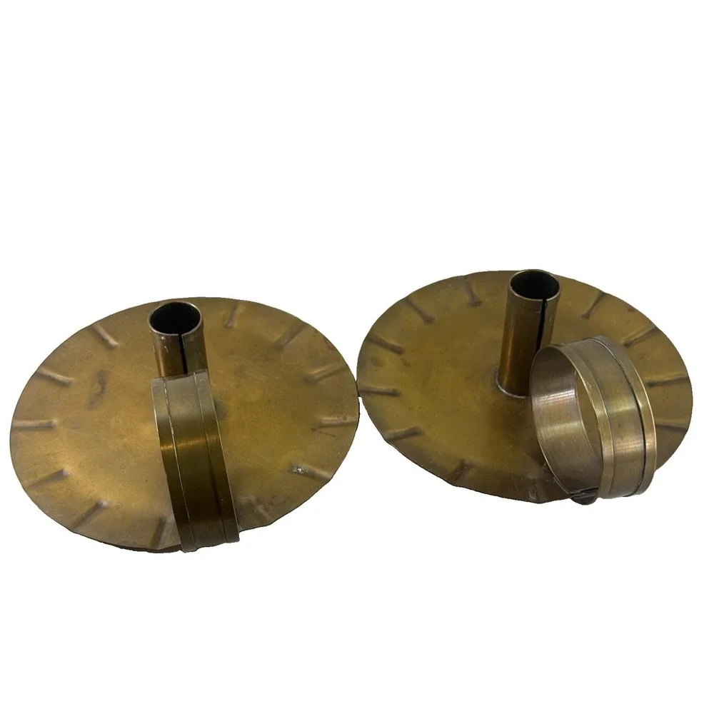 Pair Vintage Solid Brass Chamberstick Candle Holders Primitive Finger Loop Pan
